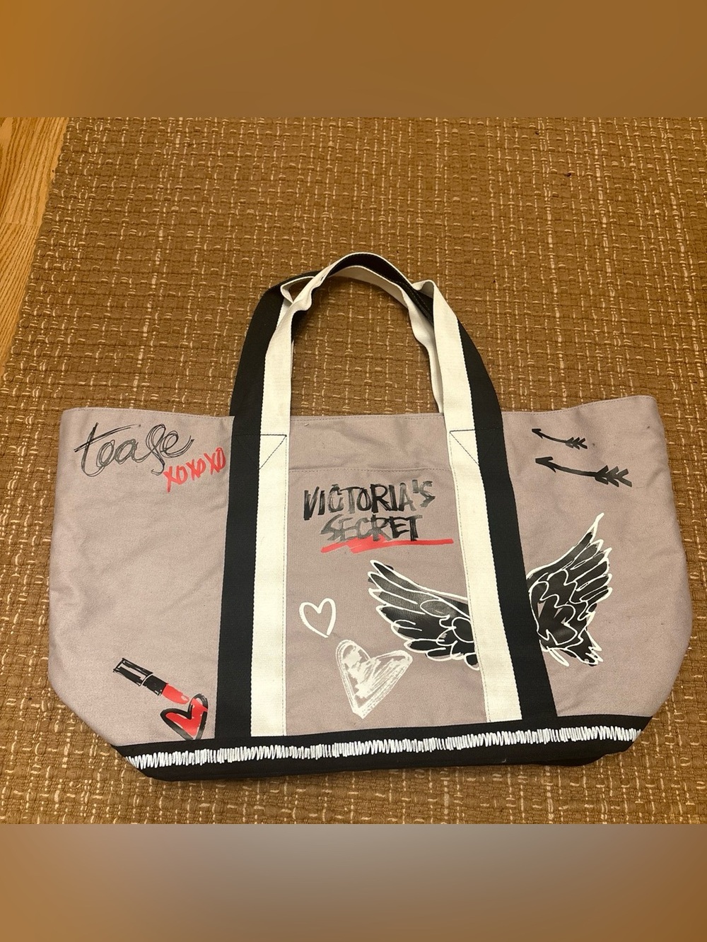 Victoria's Secret Gray Canvas Tote with Black & Cream Straps